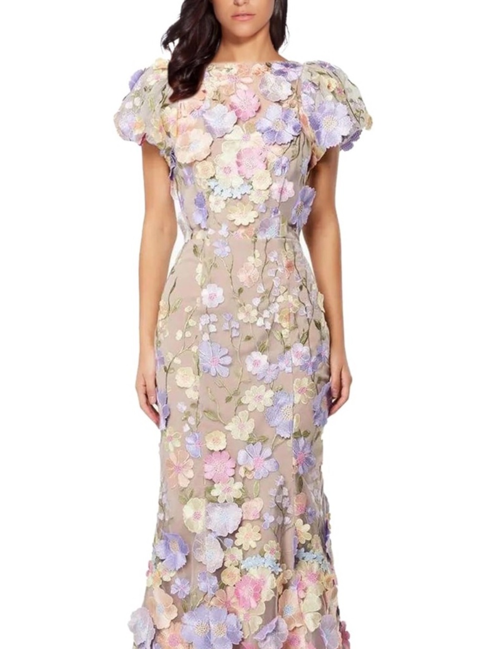 Elegant Pastel Floral Embroidered Evening Gown